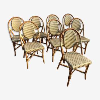 Set of 8 terrace chairs "bistro" in natural rattan beige braiding.