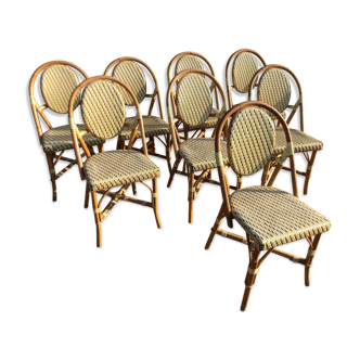 Set of 8 terrace chairs "bistro" in natural rattan beige braiding.