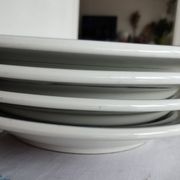 3 Pillivuyt white porcelain dinner plates with blue edging.