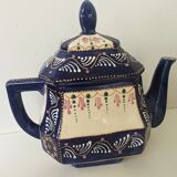 Art deco tea set in cream and blue faience signed. HB de la Hubaudière, Quimper. Around 1930