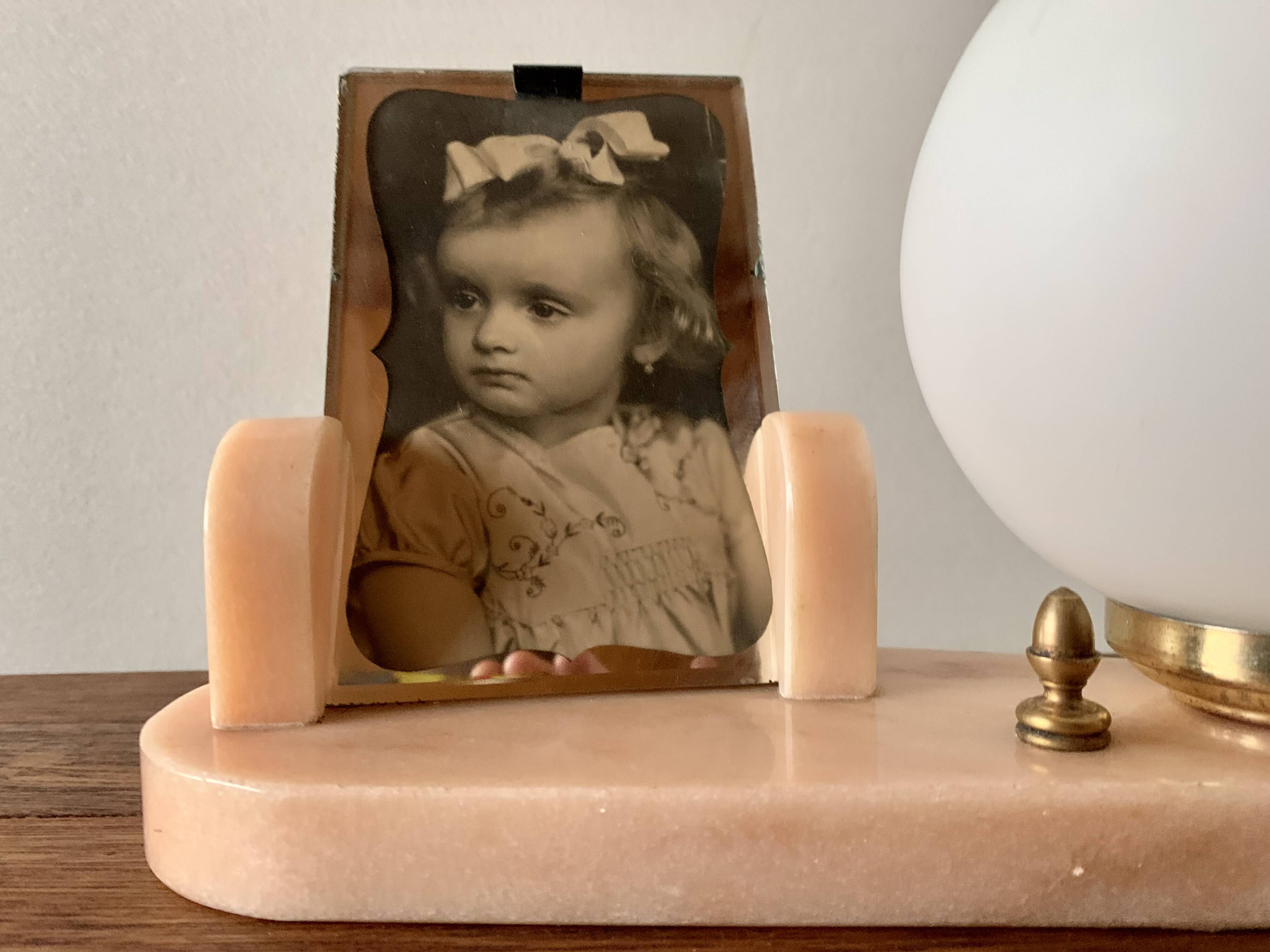 Art Deco pink marble and glass bedside lamp with photo holder