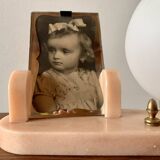 Art Deco pink marble and glass bedside lamp with photo holder