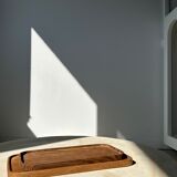 Trio of rounded rectangular trays or cups in monoxyl teak L:35