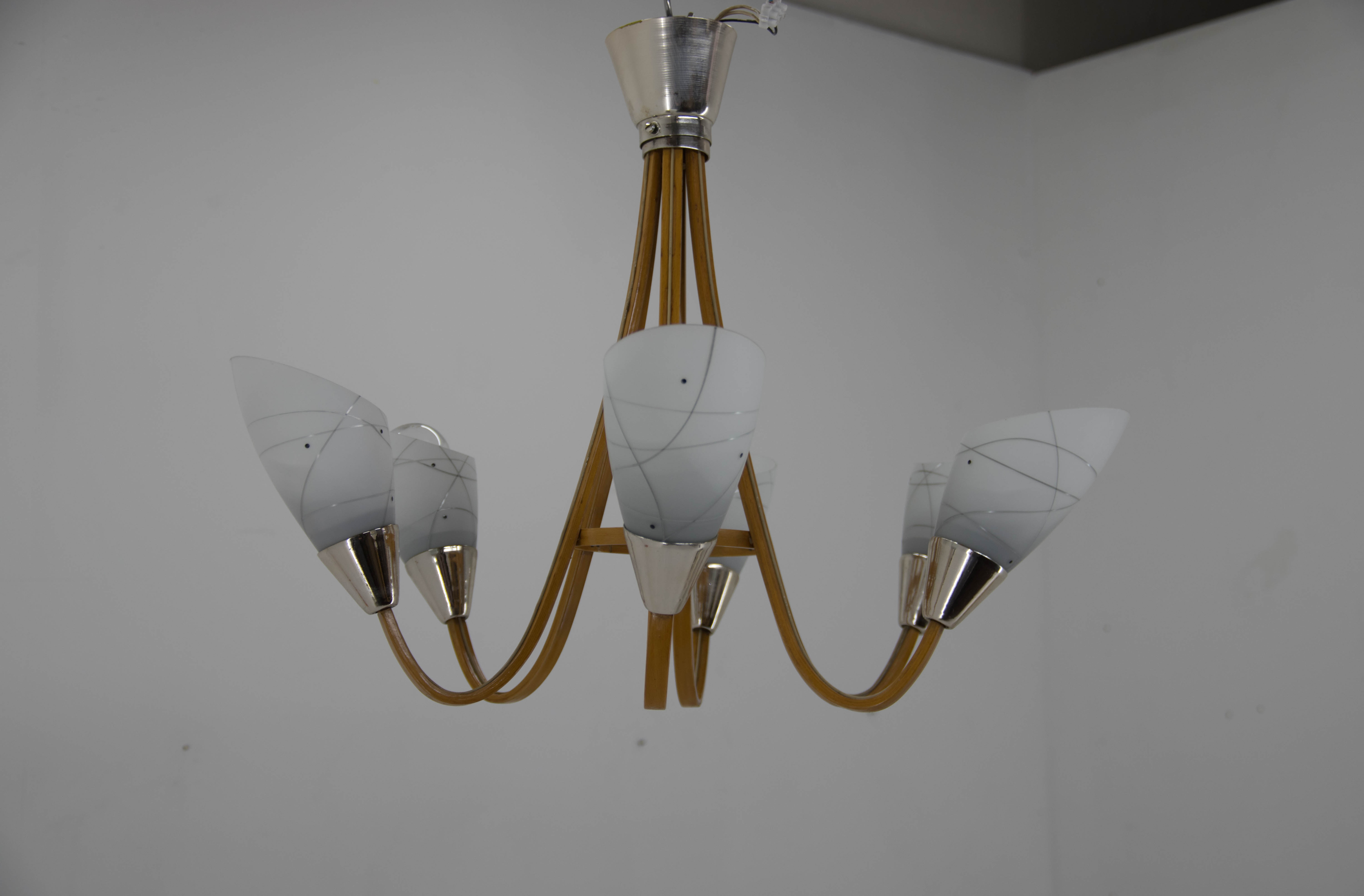 Mid-Century Wood & Glass Chandelier by Dřevo Humpolec, 1960s