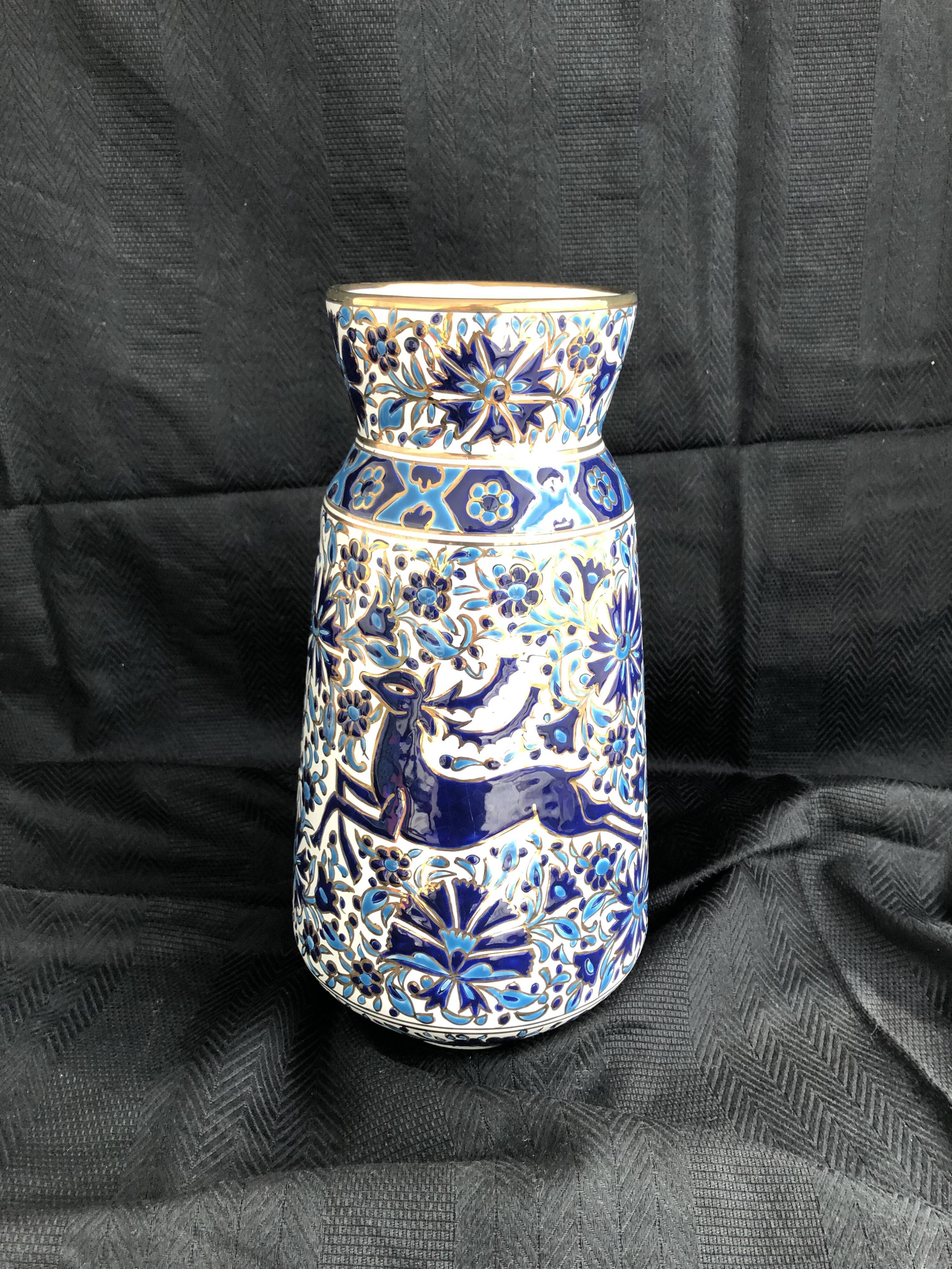 Vase grec vintage Nassos Hellas Rodos or bleu et blanc