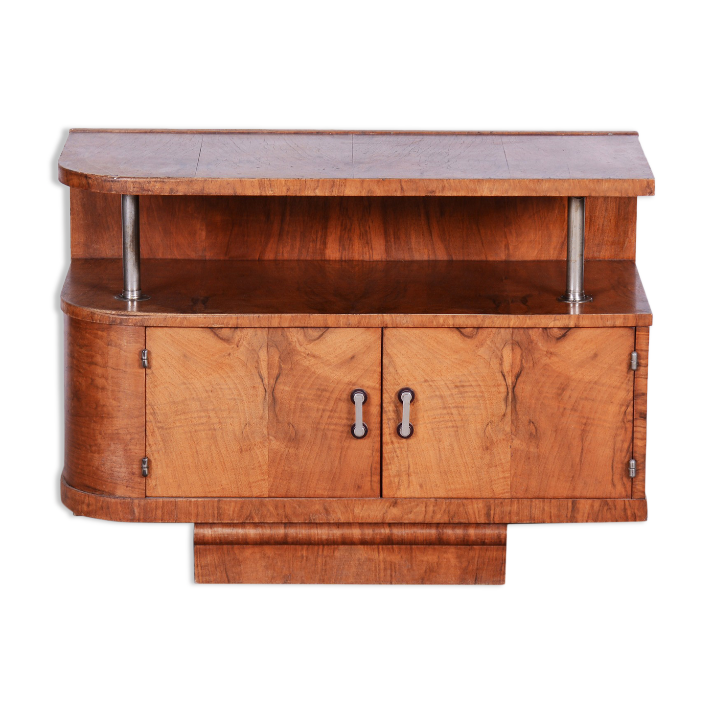 Restored walnut artdeco small cabinet, chrome-plated steel, czechia, 1930s