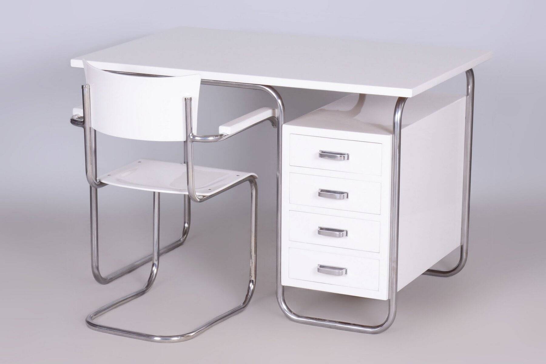 Czech Bauhaus Writing Desk with Chair in Chrome and Lacquered Wood, 1930s, Set of 2