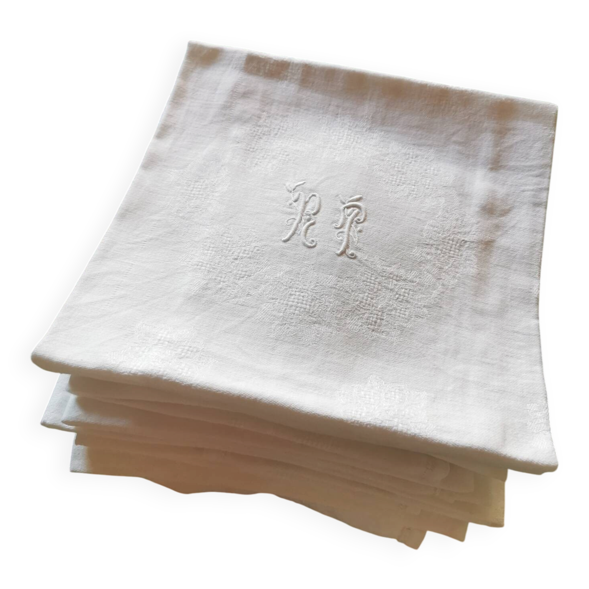 10 old damask linen napkins with monogram