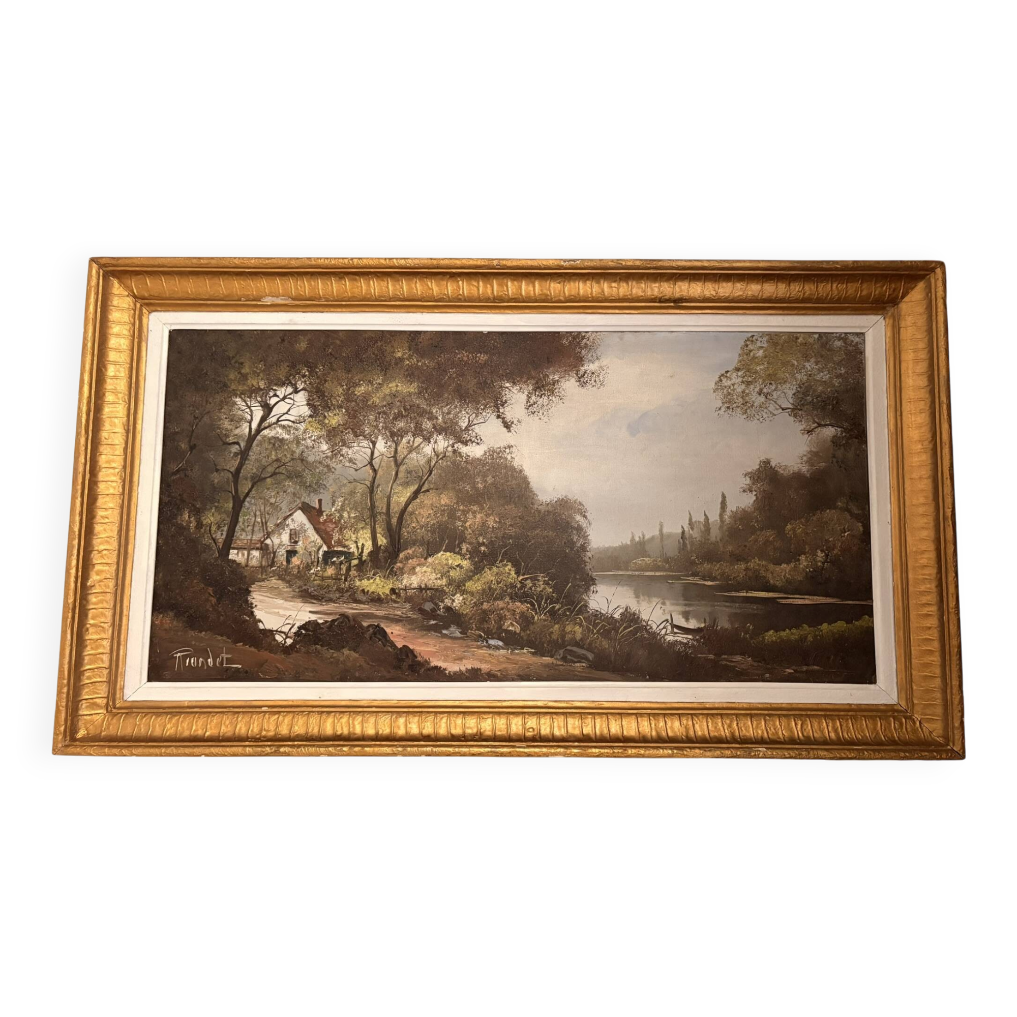 Tableau huile toile paysage lacustre lac xixème riondet 1809-1866 115x65cm