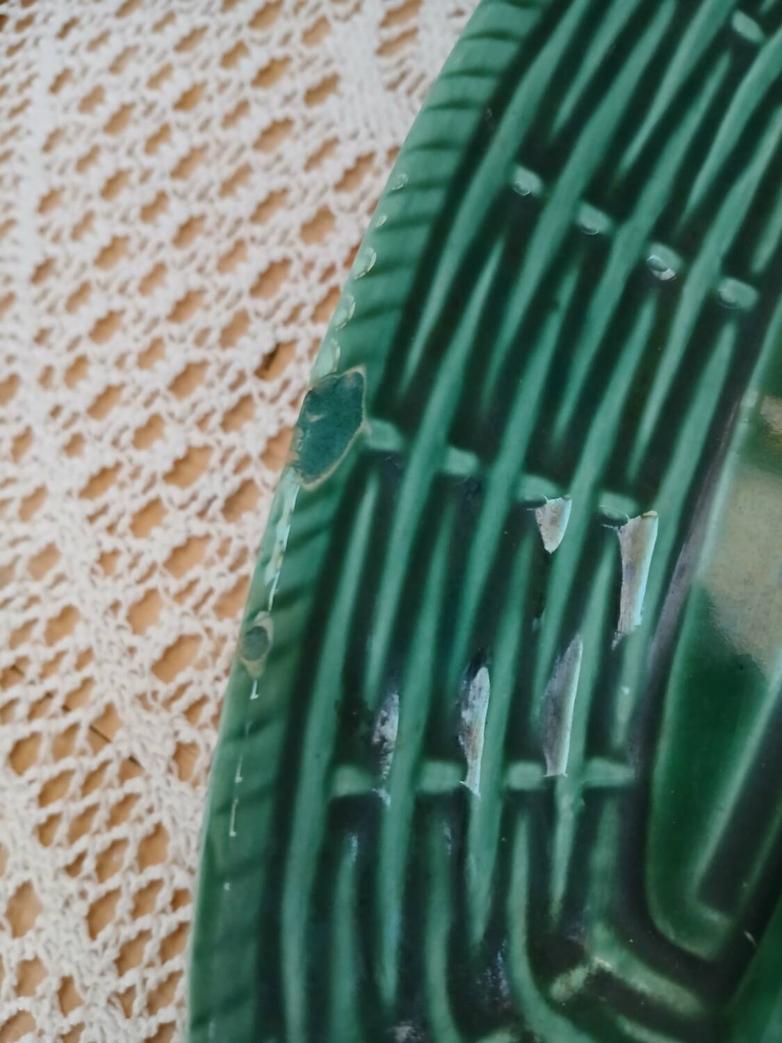 Antique Barbotine dish with asparagus motifs