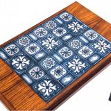 Side table with blue ceramics, Denmark, 1960s. After renovation.