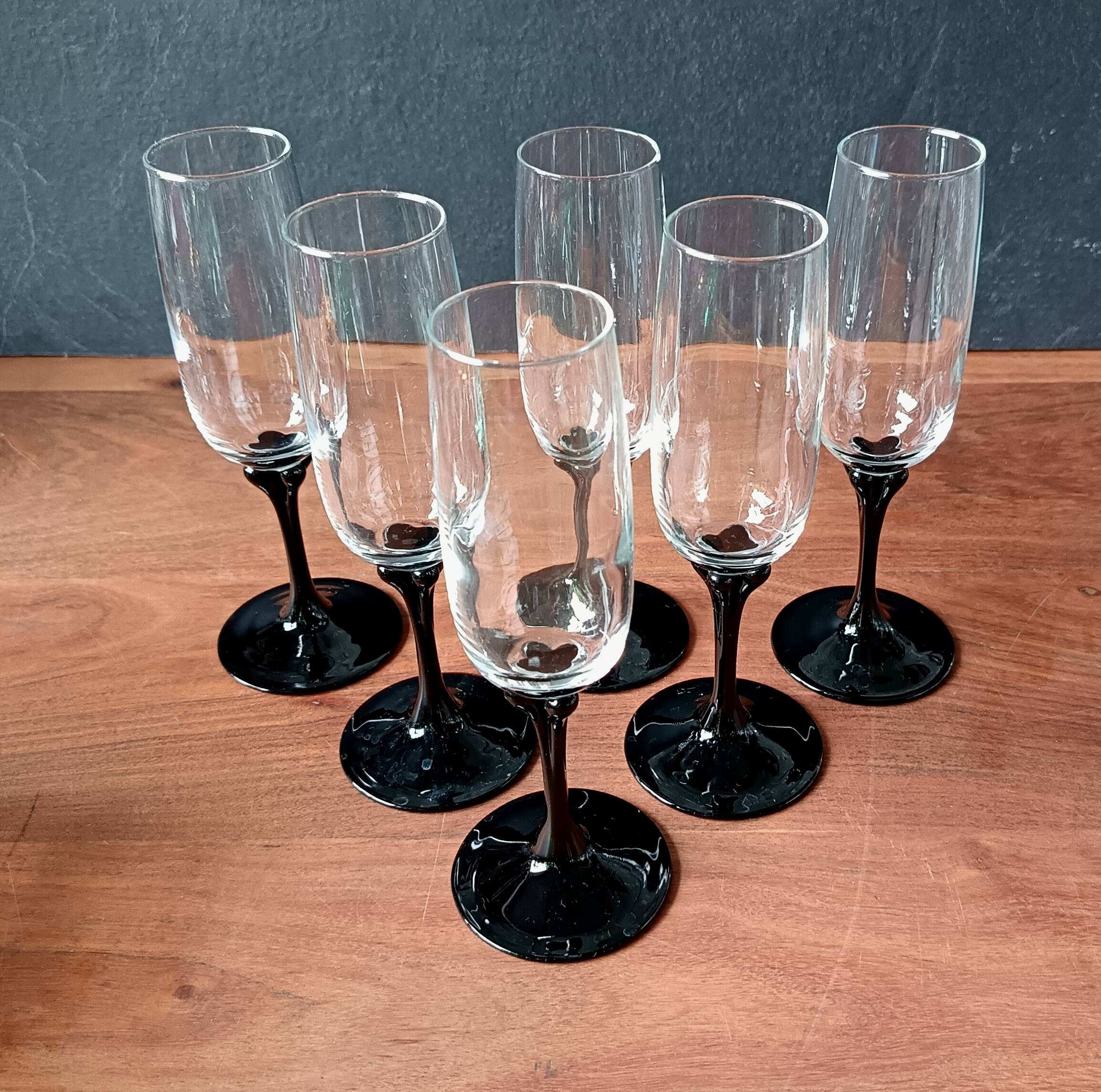 6 vintage black opaline footed flutes