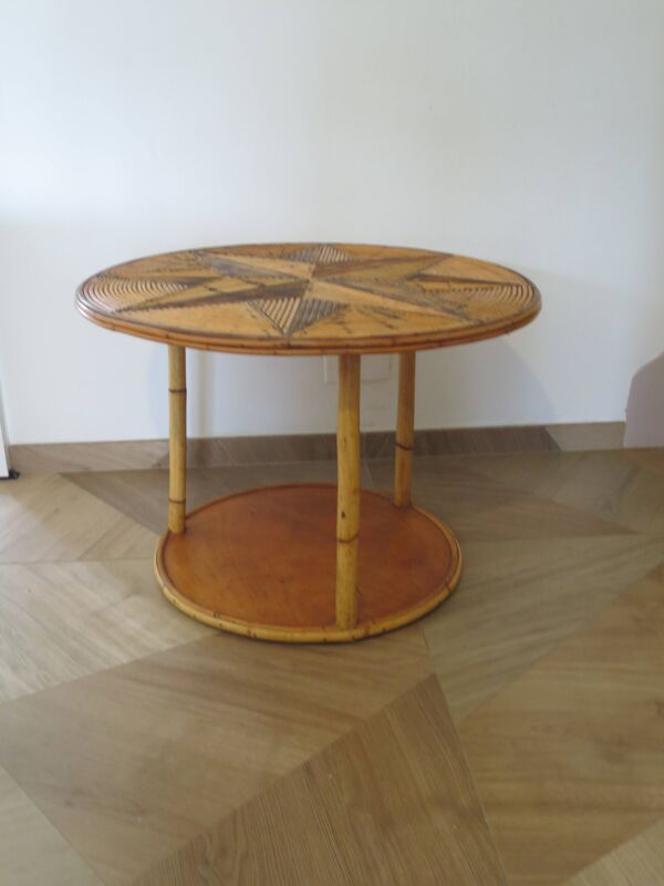 Table basse ronde bambou rotin et bois motif étoile années 80