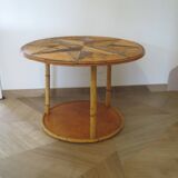 Round coffee table with bamboo, rattan and wood, star pattern, 80s