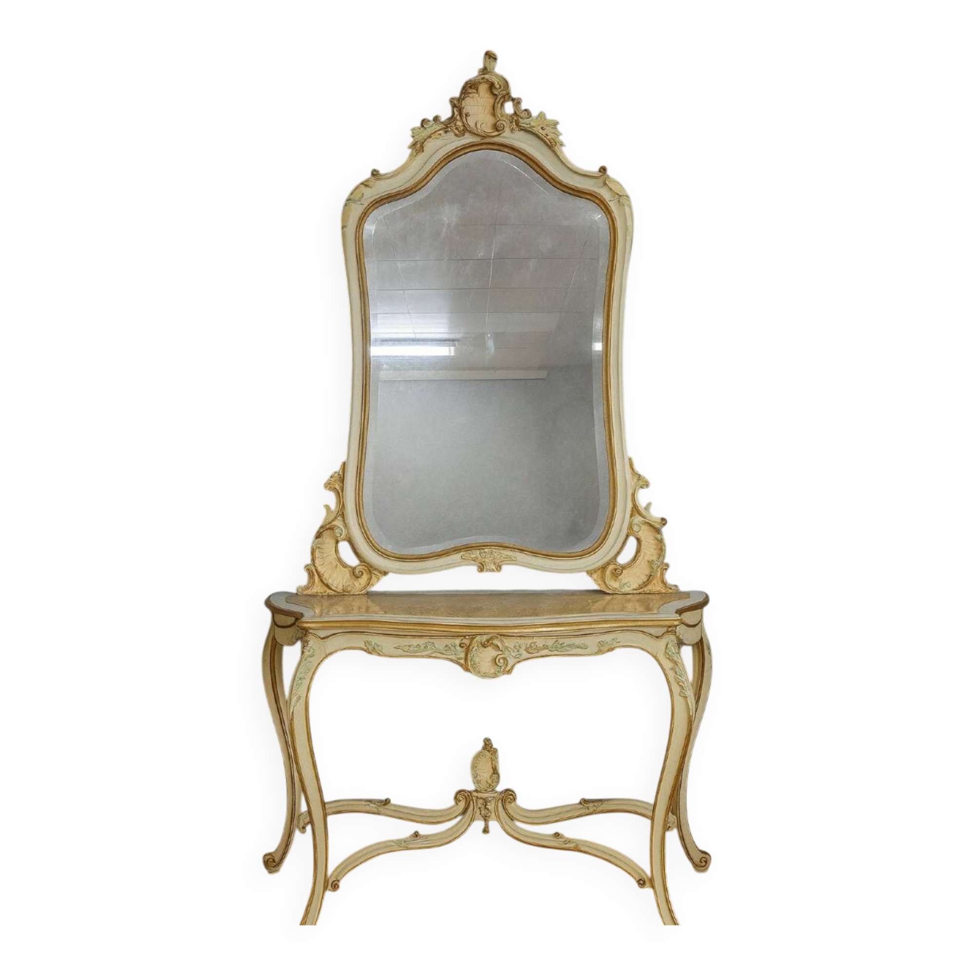 Console and large Louis XV style mirror in lacquered and gilded wood.