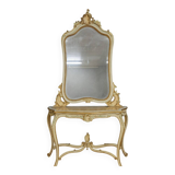 Console and large Louis XV style mirror in lacquered and gilded wood.