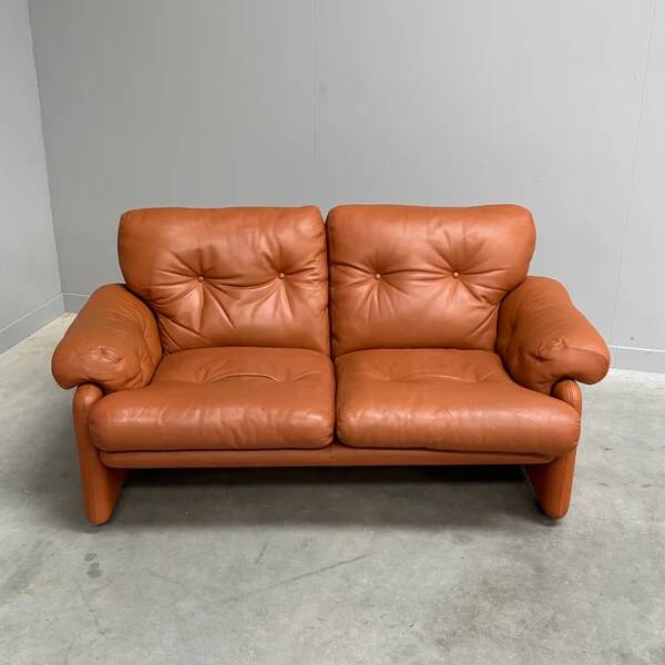 Cognac leather Coronado 2 seat sofa by B&B Italia, Italy 1960s