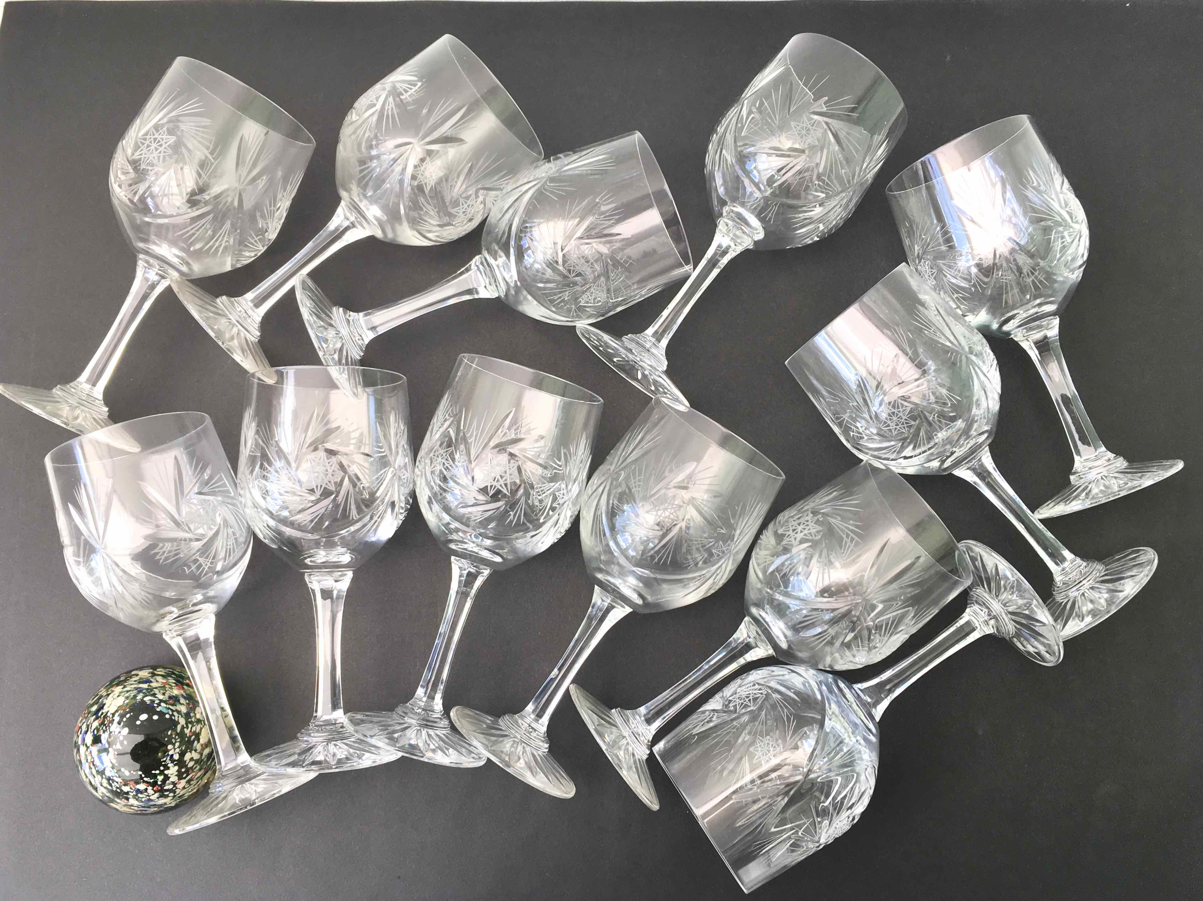 Set of 12 cut crystal wine glasses