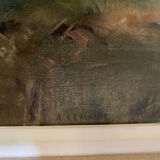 Oil on canvas landscape painting washerwomen, signed