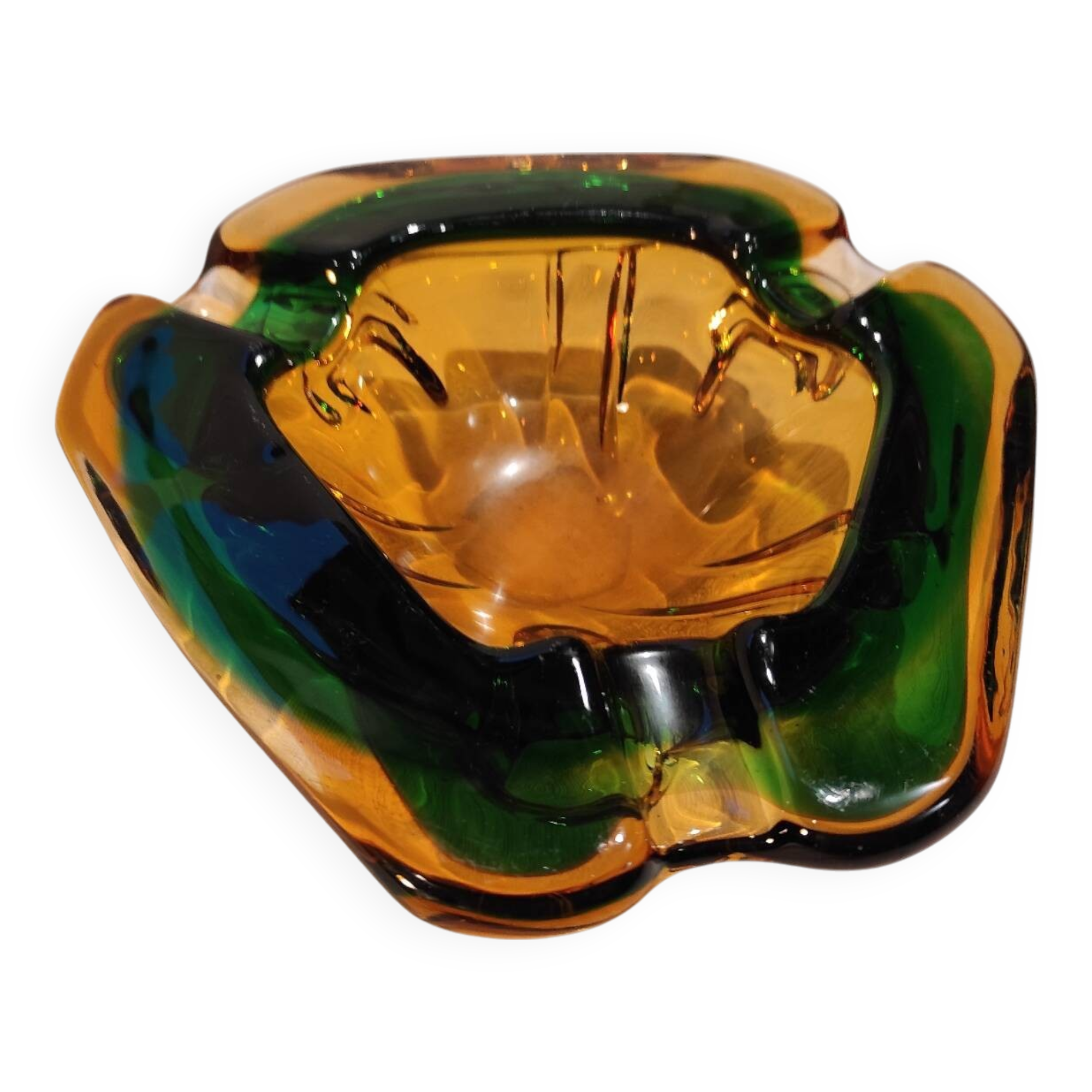 Murano green and yellow blown glass ashtray, 1970
