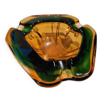 Murano green and yellow blown glass ashtray, 1970