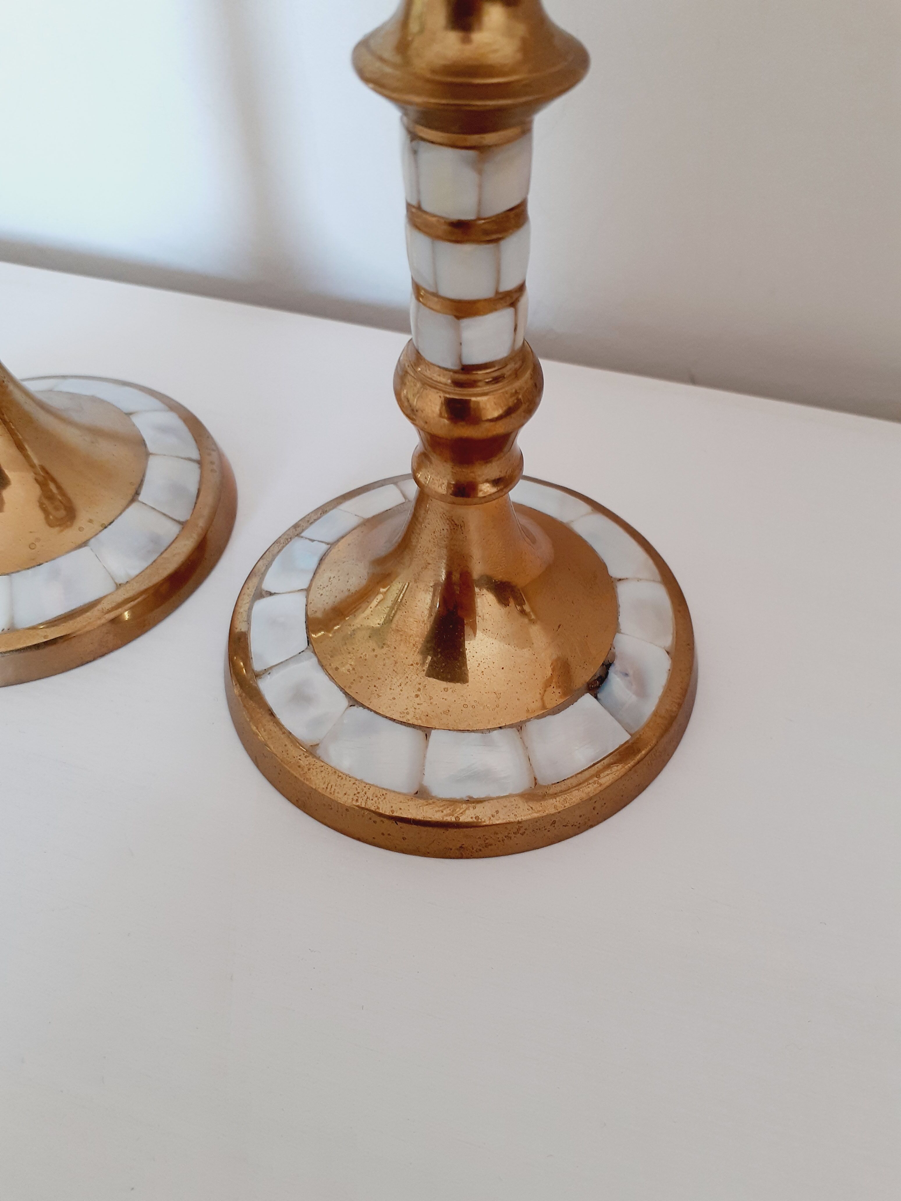 Pair of golden brass and mother-of-pearl candle holders