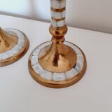 Pair of golden brass and mother-of-pearl candle holders
