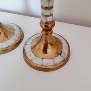 Pair of golden brass and mother-of-pearl candle holders