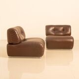 Pair of brown leather low chairs by Europoltrona 70's