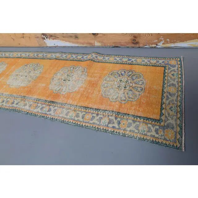 Vintage Turkish Oushak handmade wool cotton orange runner 78x305