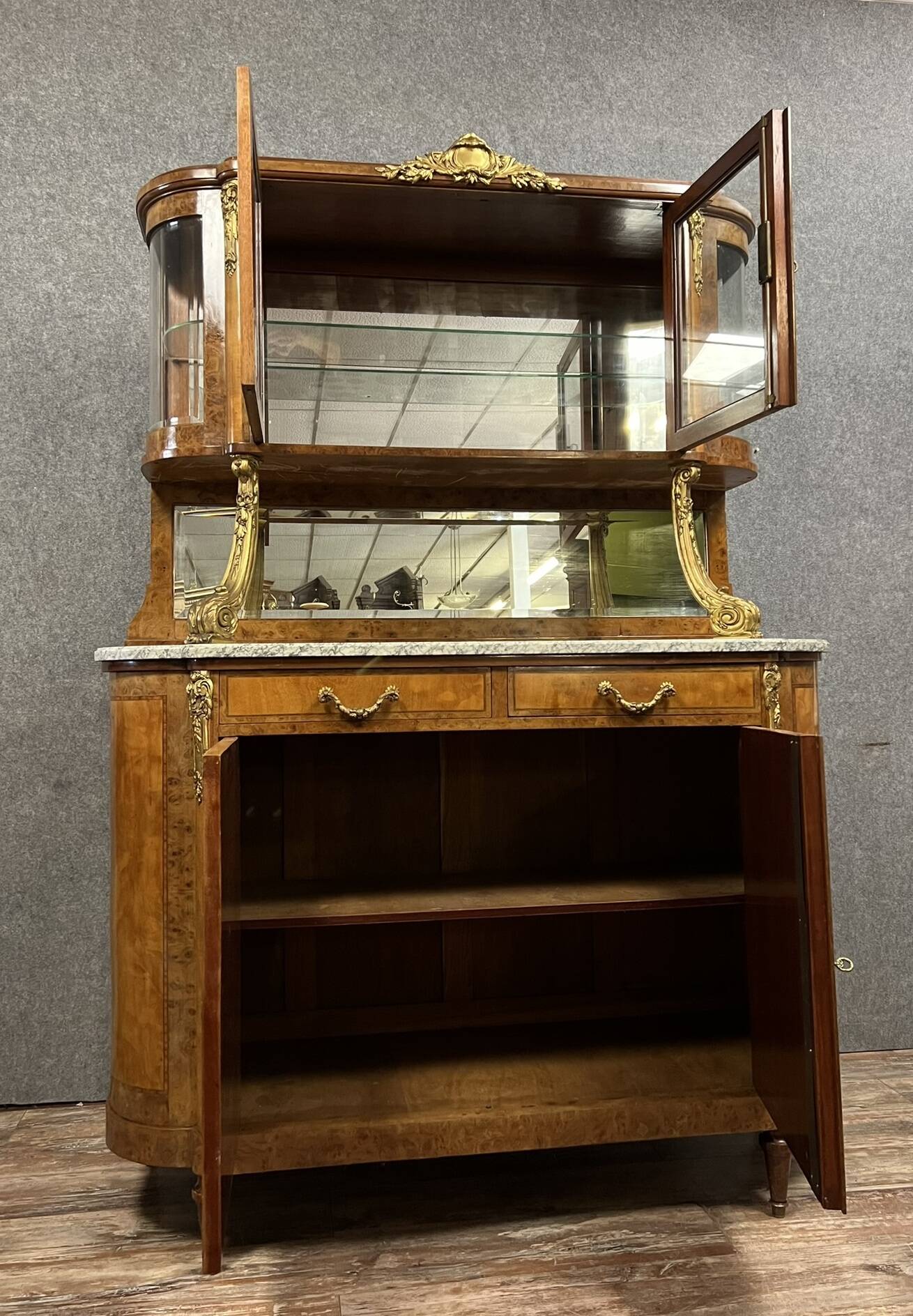 Superb Louis XVI two-body buffet in marquetry and gilded bronzes circa 1880