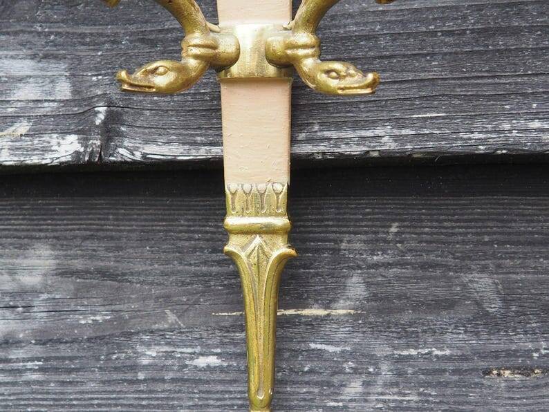 Vintage French Empire Sconces: Gilt Bronze, Salmon Column Double Arm Light