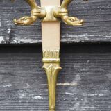 Vintage French Empire Sconces: Gilt Bronze, Salmon Column Double Arm Light
