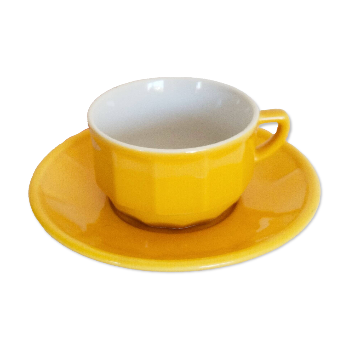 Apilco yellow and white porcelain chocolate cup and saucers