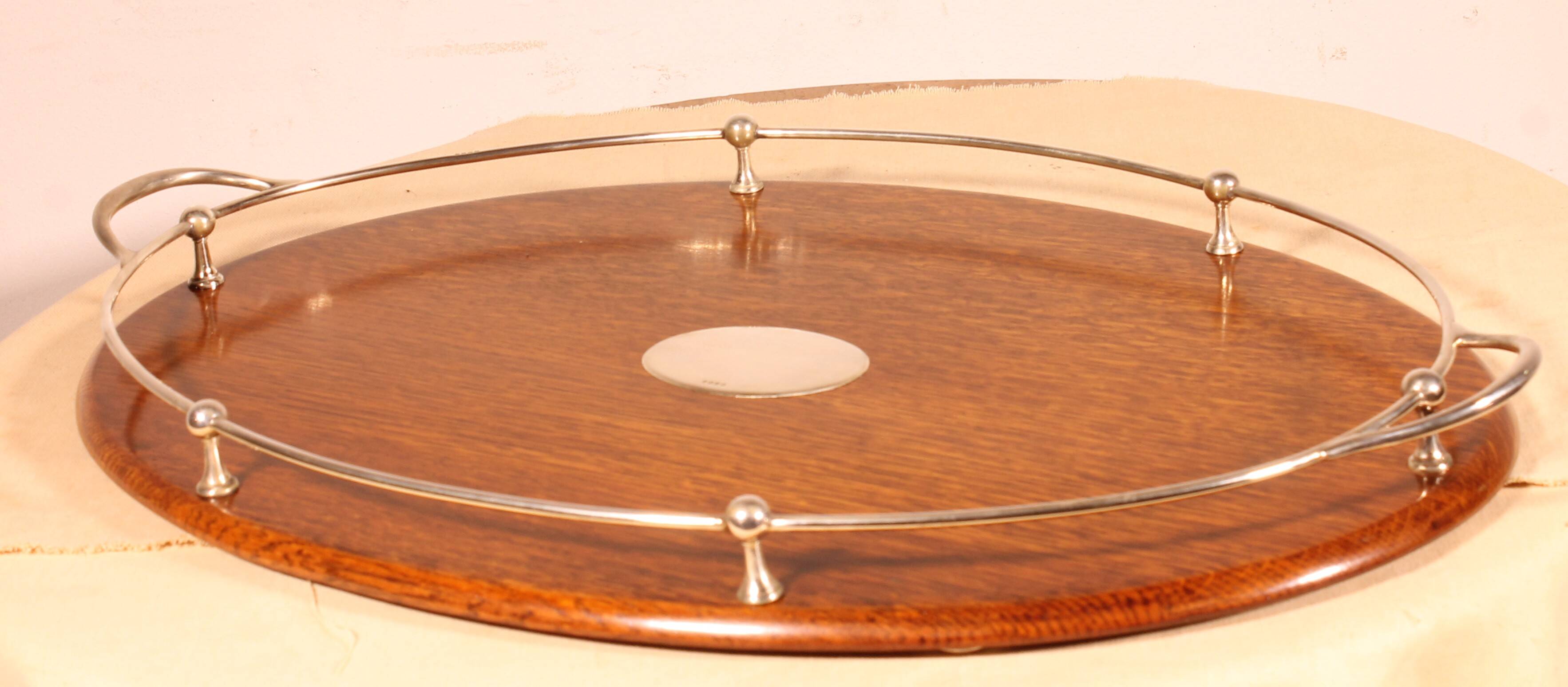 19th century silver-plated metal and oak tray