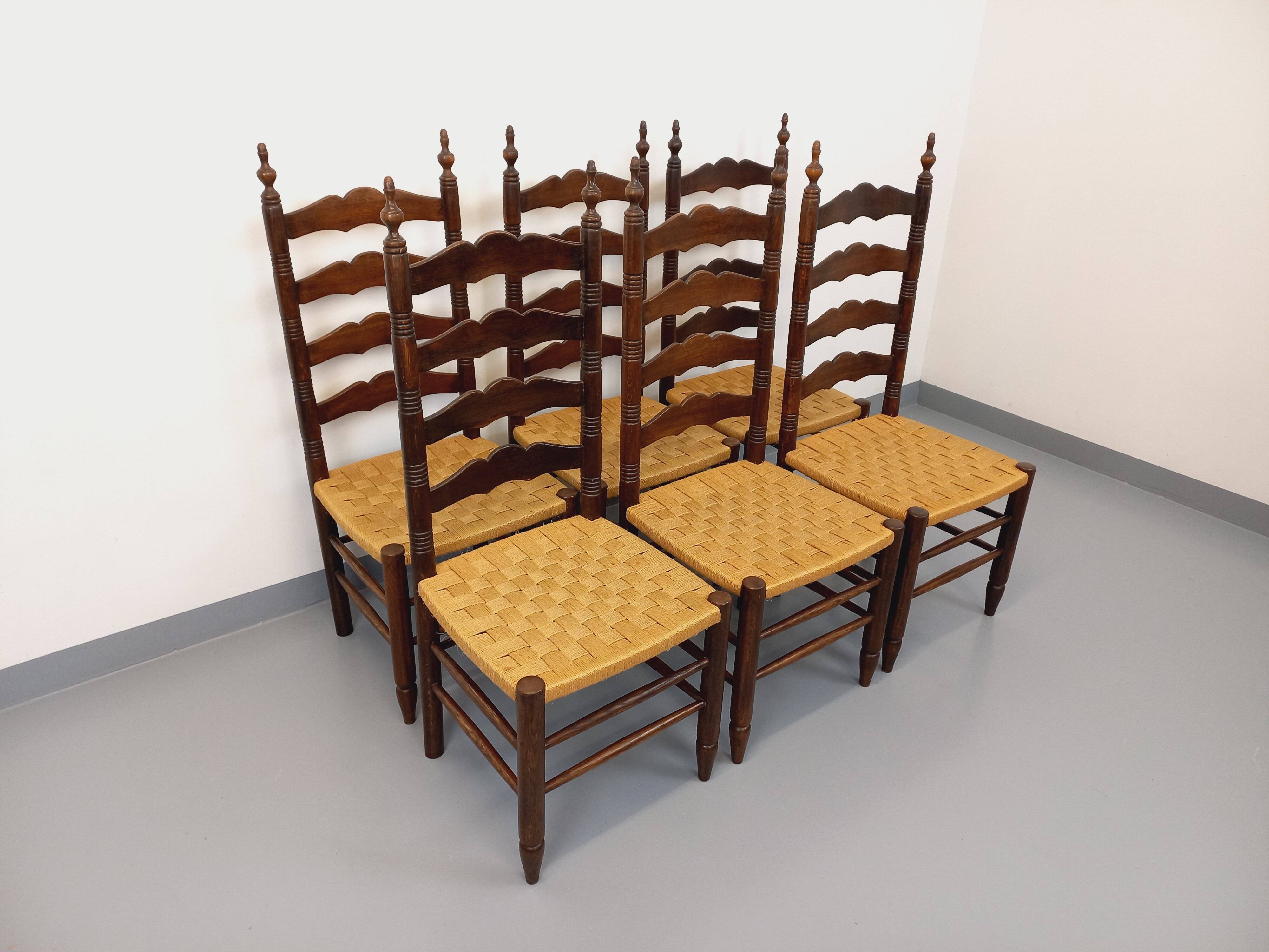 Set of 6 vintage Arts & Crafts chairs in Antonio Calligaris style in rope oak wood from the 50s