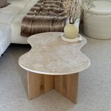 Cloud coffee table in travertine and dark oak.