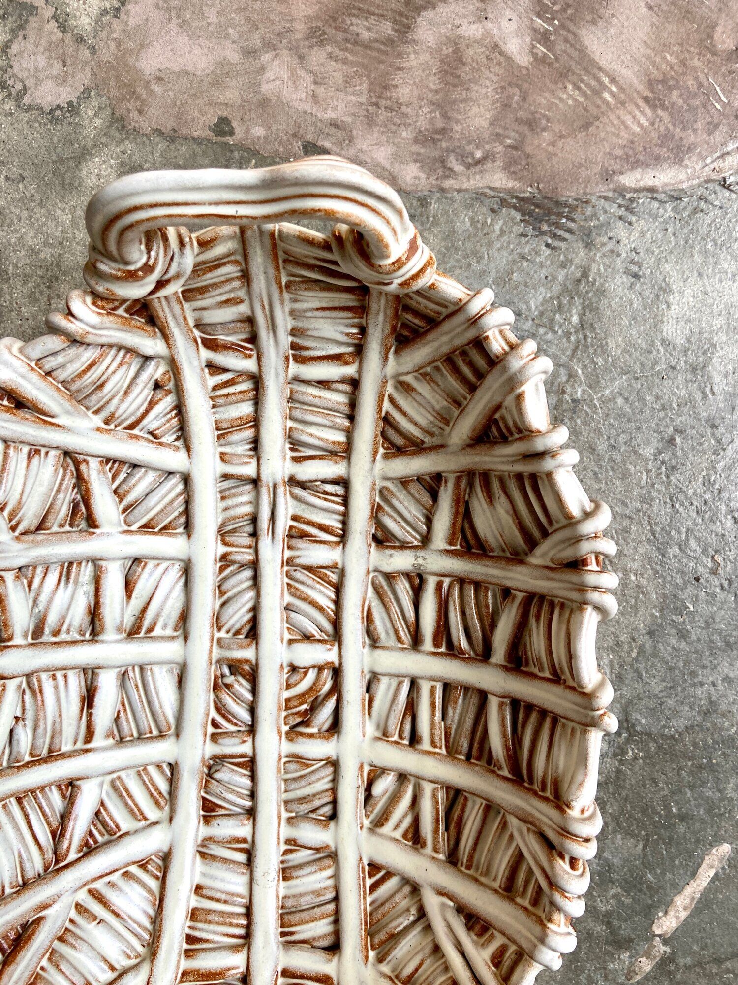 Beige woven ceramic oval cup