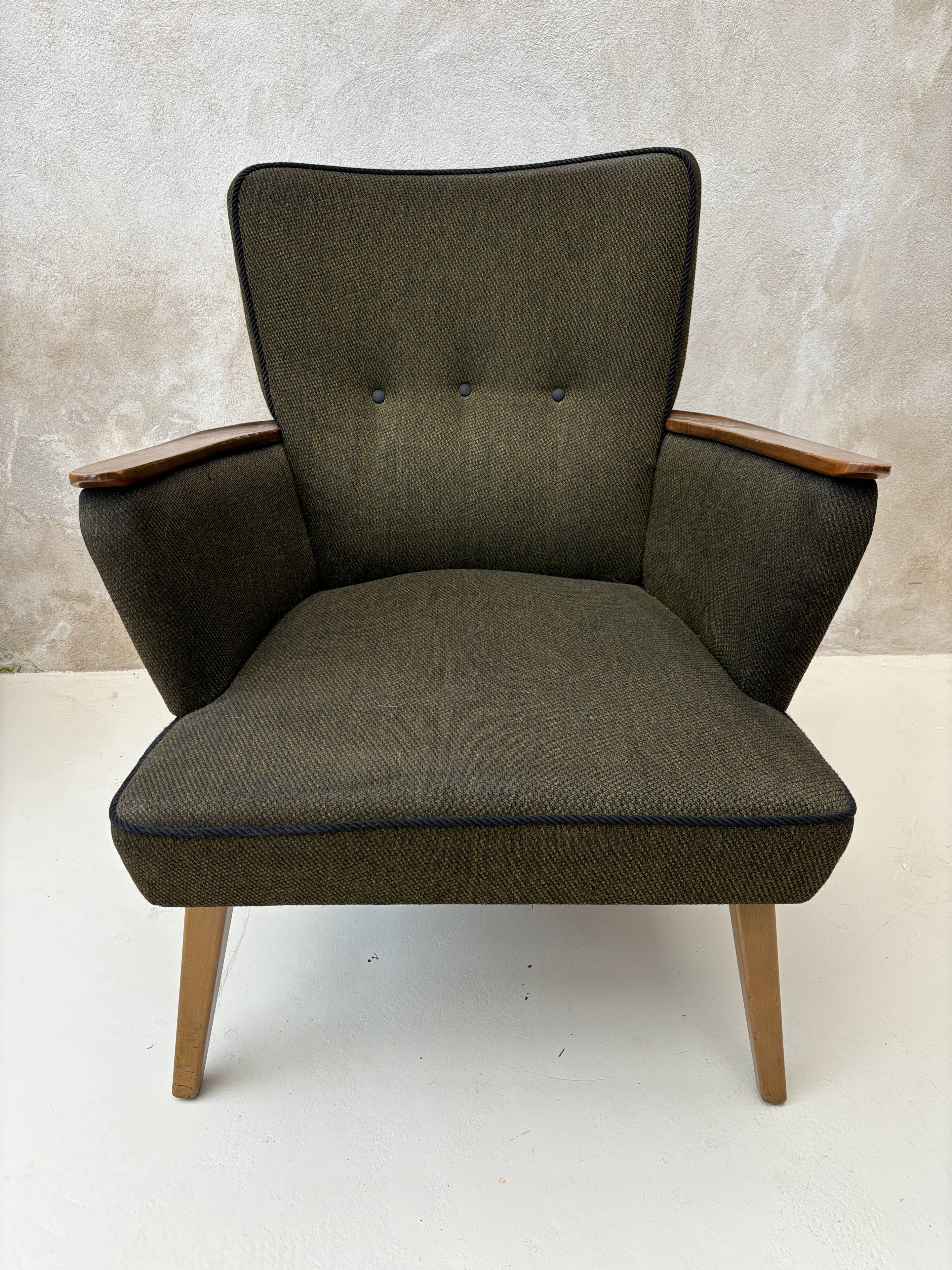 Pair of vintage wooden and fabric armchairs from the 1960s.