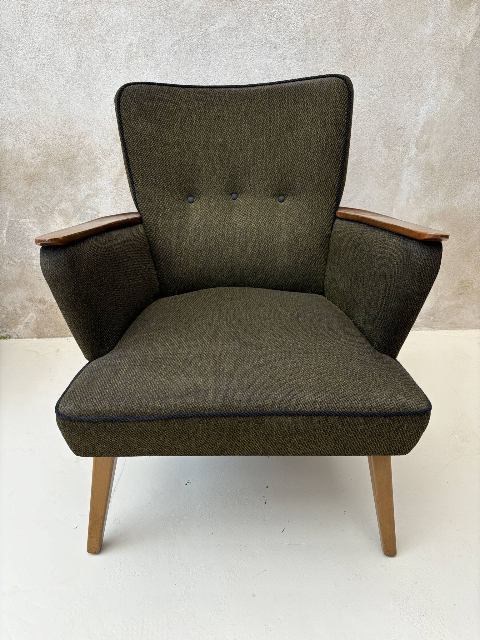 Pair of vintage wooden and fabric armchairs from the 1960s.