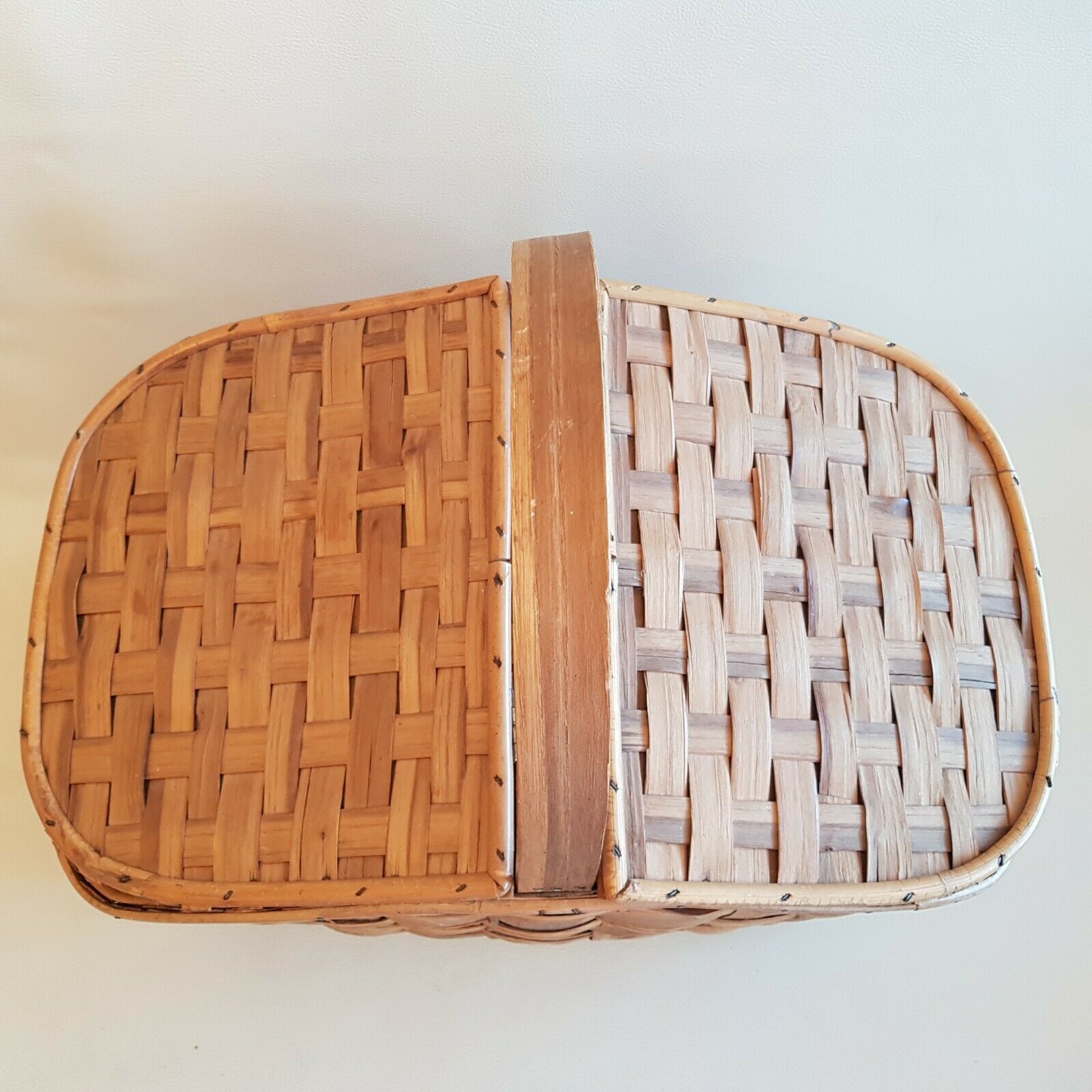 Old picnic basket wicker bamboo braided double opening