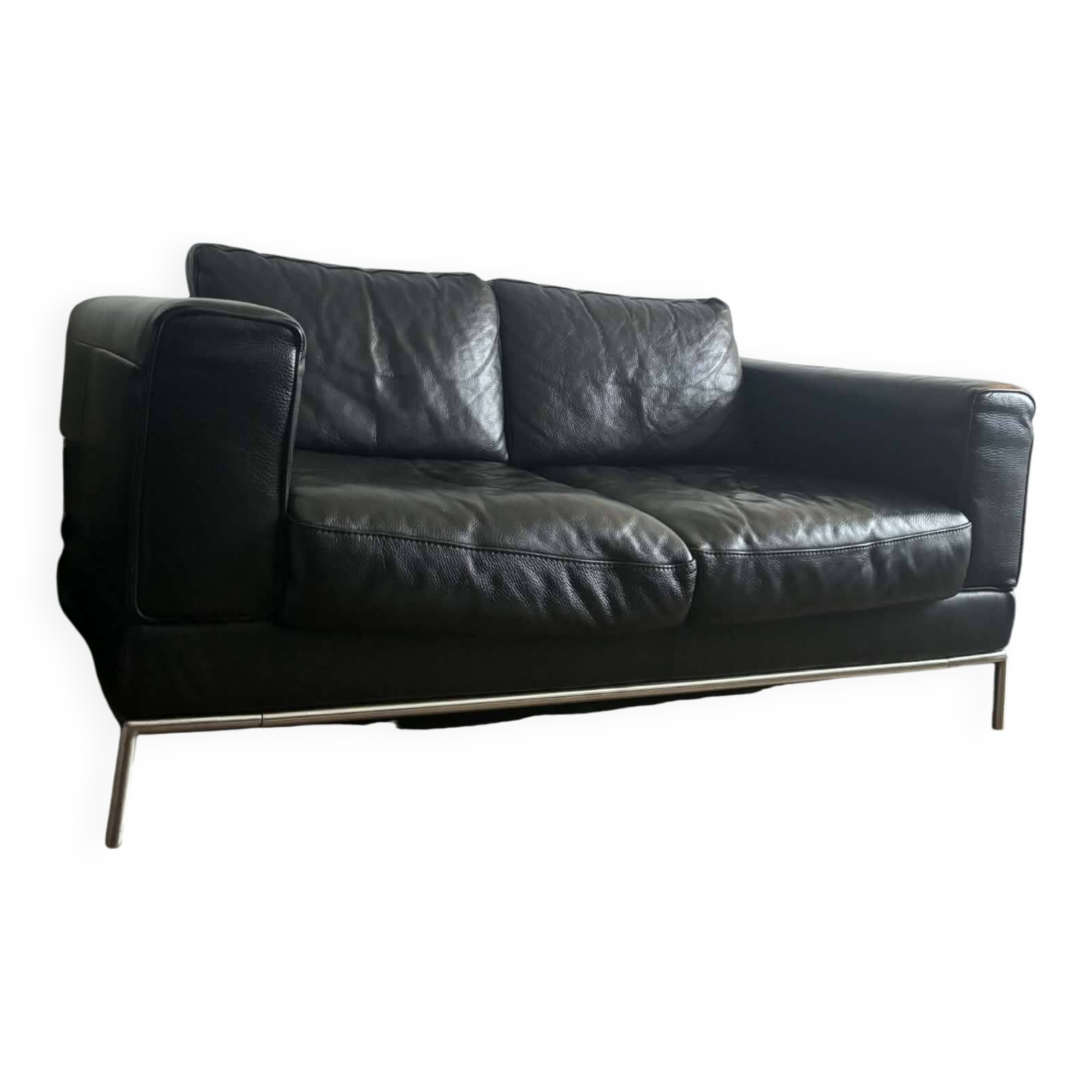 Vintage black leather 2-seater sofa - Corbusier style