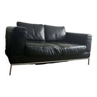 Vintage black leather 2-seater sofa - Corbusier style