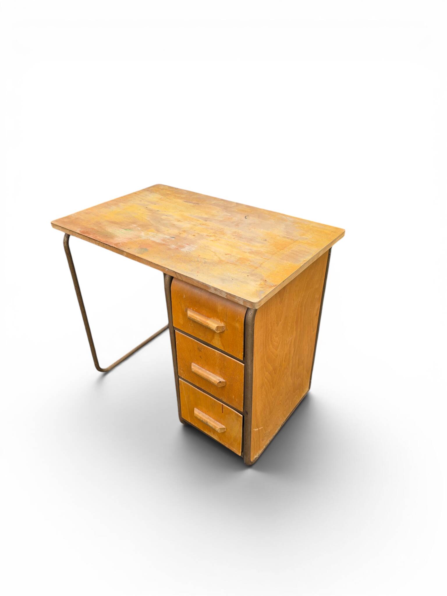 Vintage 1950s desk made of wood and metal with a 3-drawer unit.