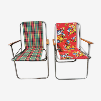 Set of 2 vintage folding chairs camping seat, wooden armrests