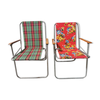 Set of 2 vintage folding chairs camping seat, wooden armrests