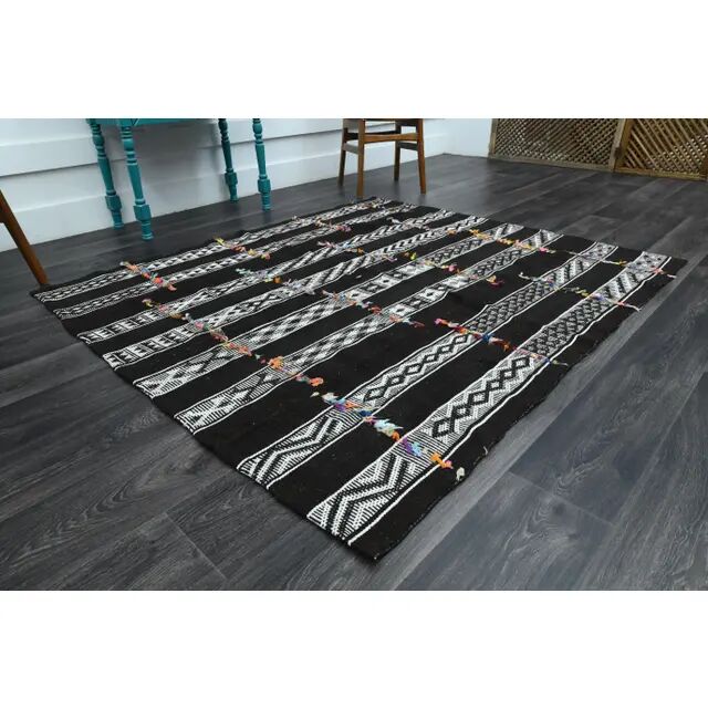 1970s Vintage Turkish Oushak Handmade Wool Cotton Black Runner Rug 169x190