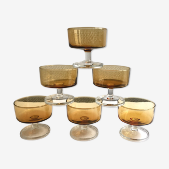 6 cups in smoked glass Luminarc champagne or ice design 70s