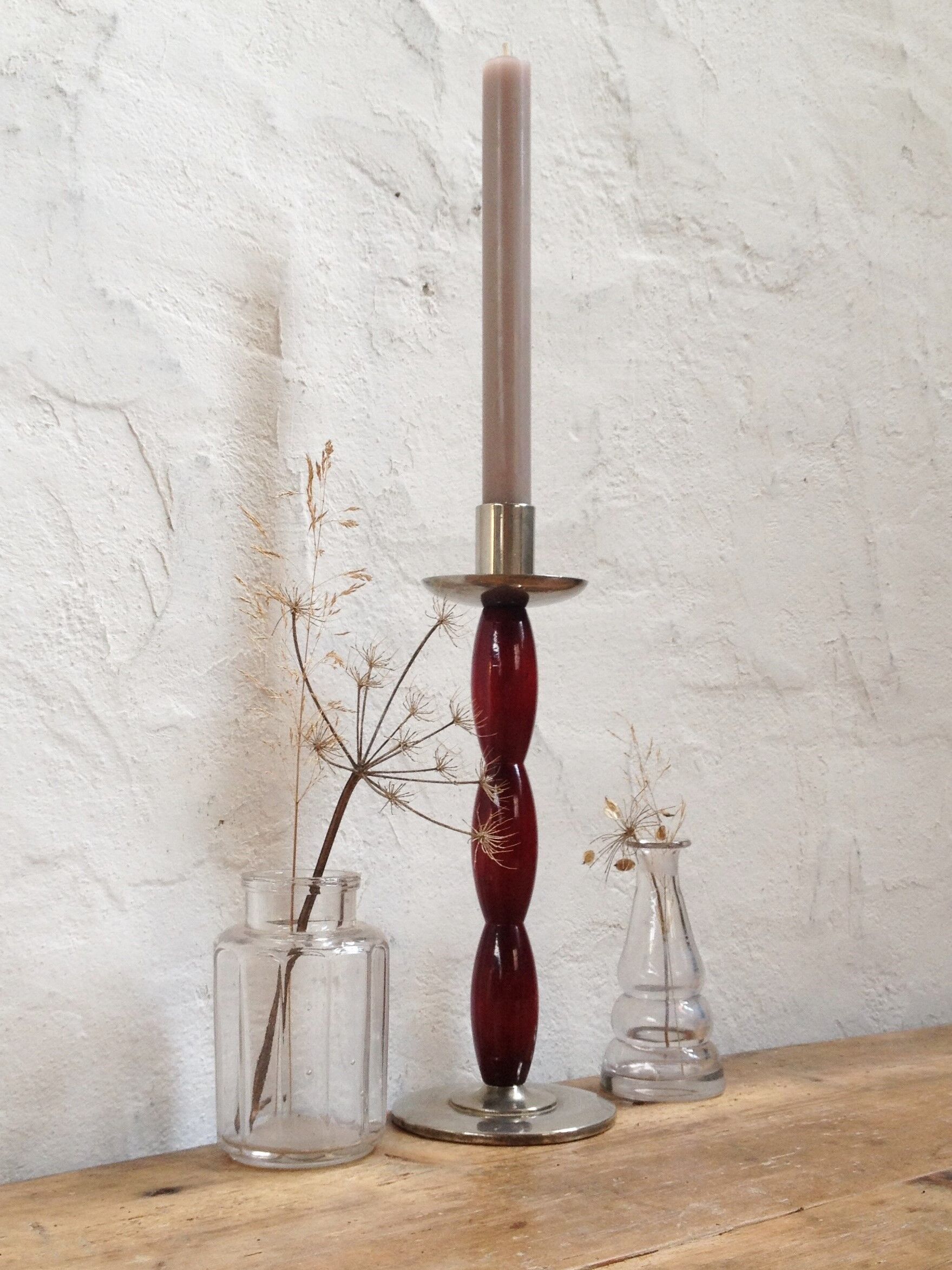 Scandinavian candlestick, wood and chrome