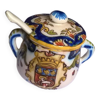 Old earthenware mustard pot Desvres Blason Bonsecours Rouen